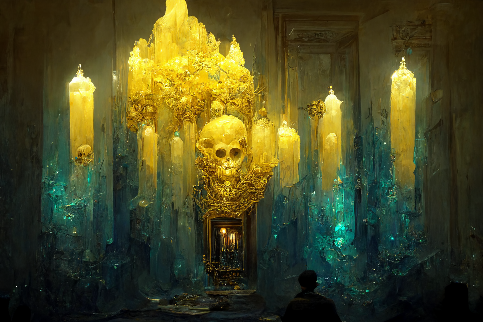 Gilded walls of sung-into-creation bones as imagined by Midjourney.